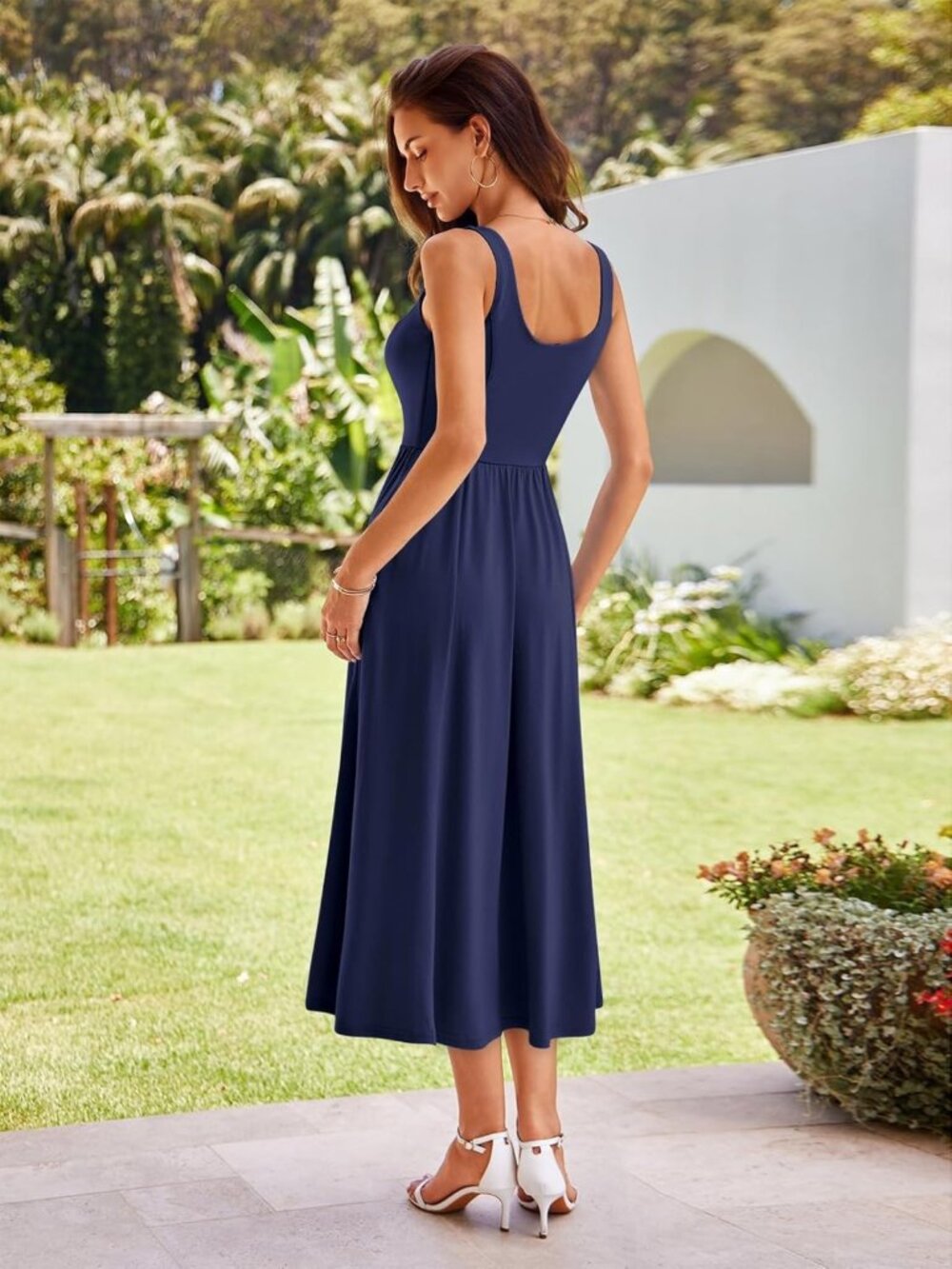 Spring Midi Dress for Women - Square Neck, Sleeveless, A-Line, Casual Sundress - Picture 7 of 7